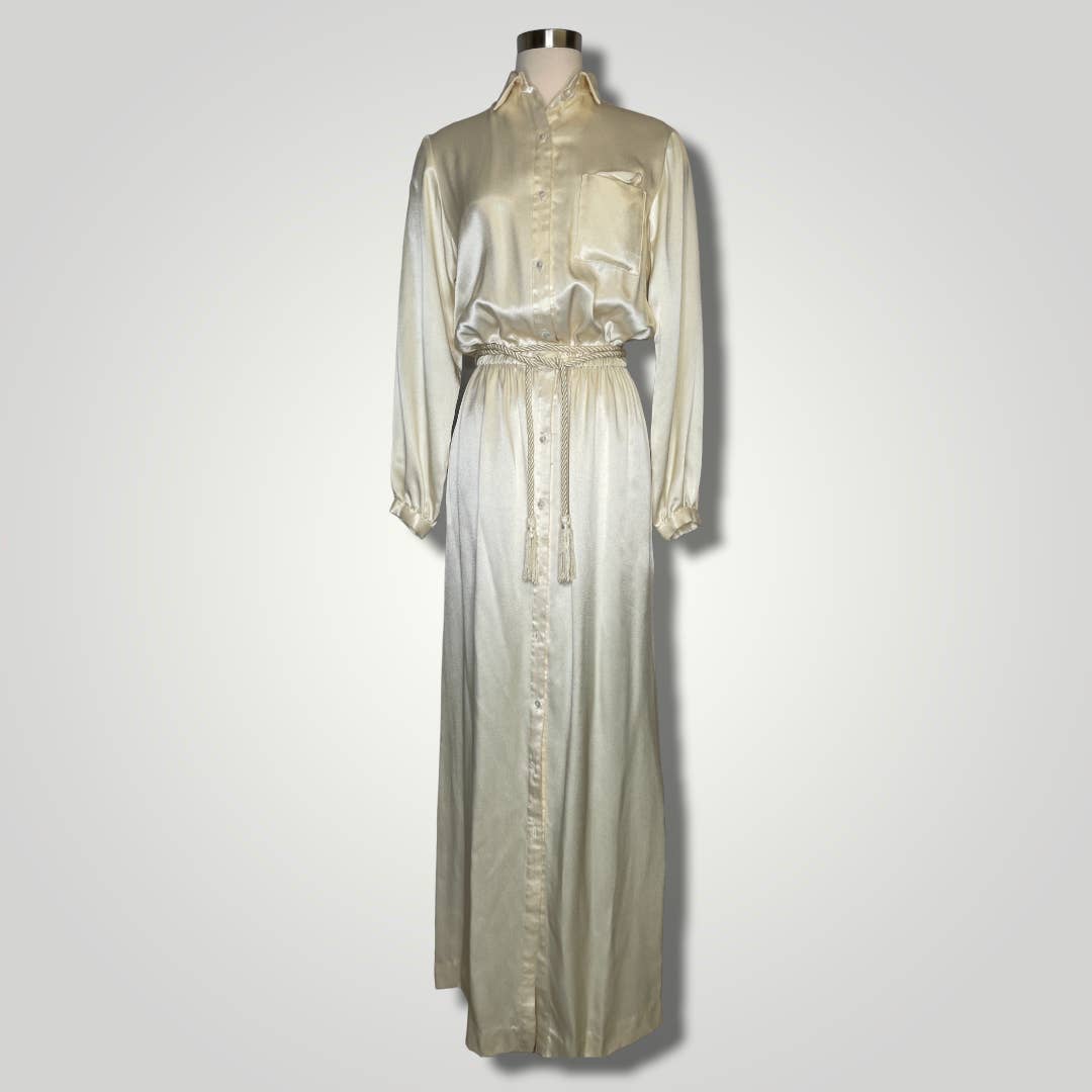 Vintage Dress Lillie Rubin Maxi Floor Length Shirt Ivory Button Long Slv  b139