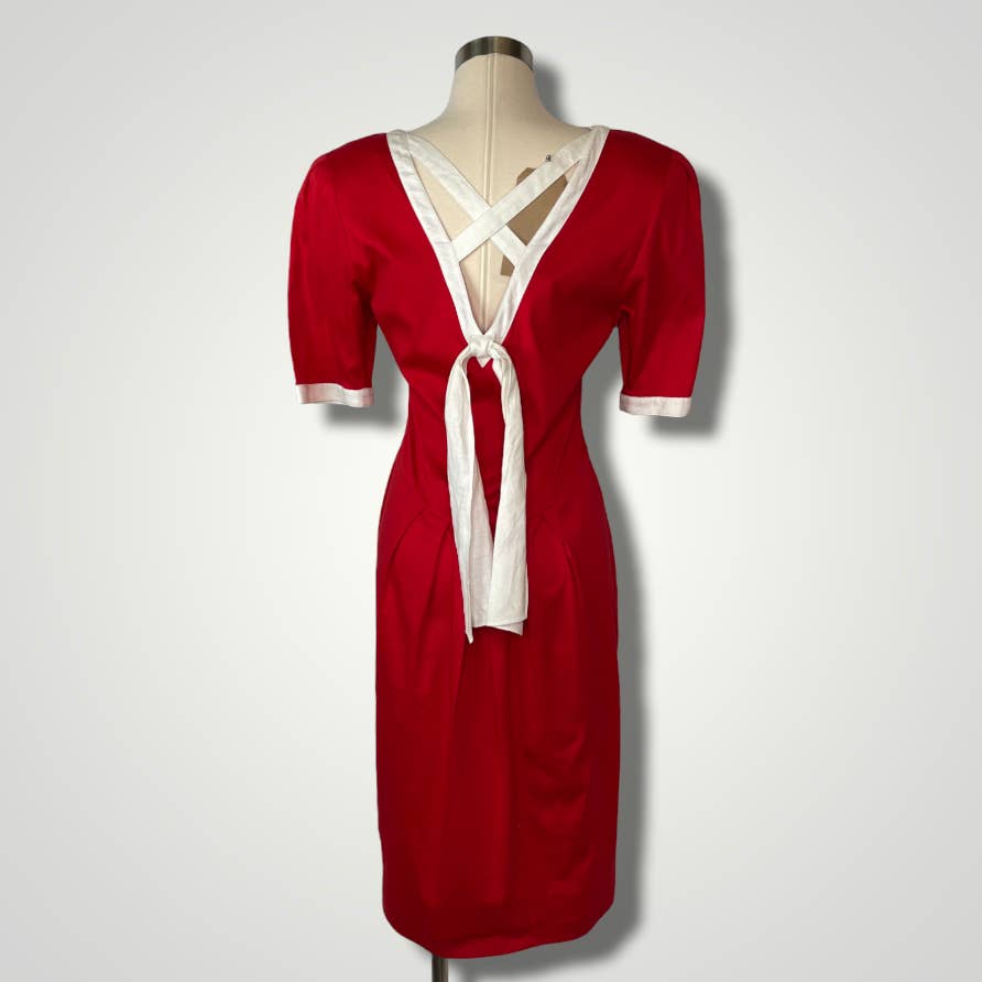 Vintage 1980s Red White Criss Cross Back Dress Short Sleeve Knee Length Med