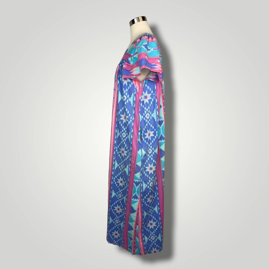 Vintage Dress Housedress Mumu Shift Southwestern Maxi Pink Blue Loose A1014