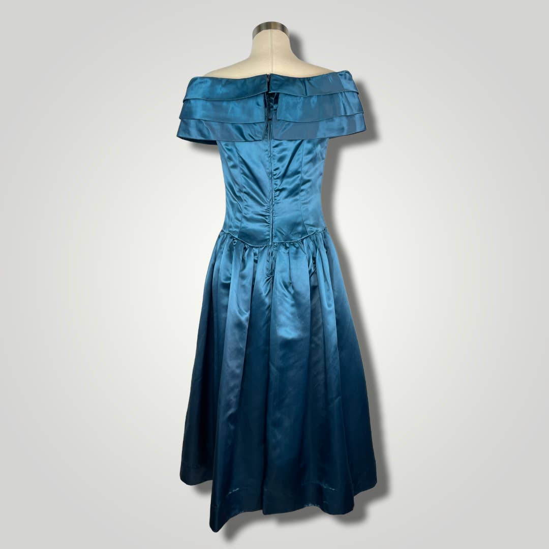 Vintage 1950s Party Dress Heavy Satin Blue Off the Shoulder Handmade Dress B112