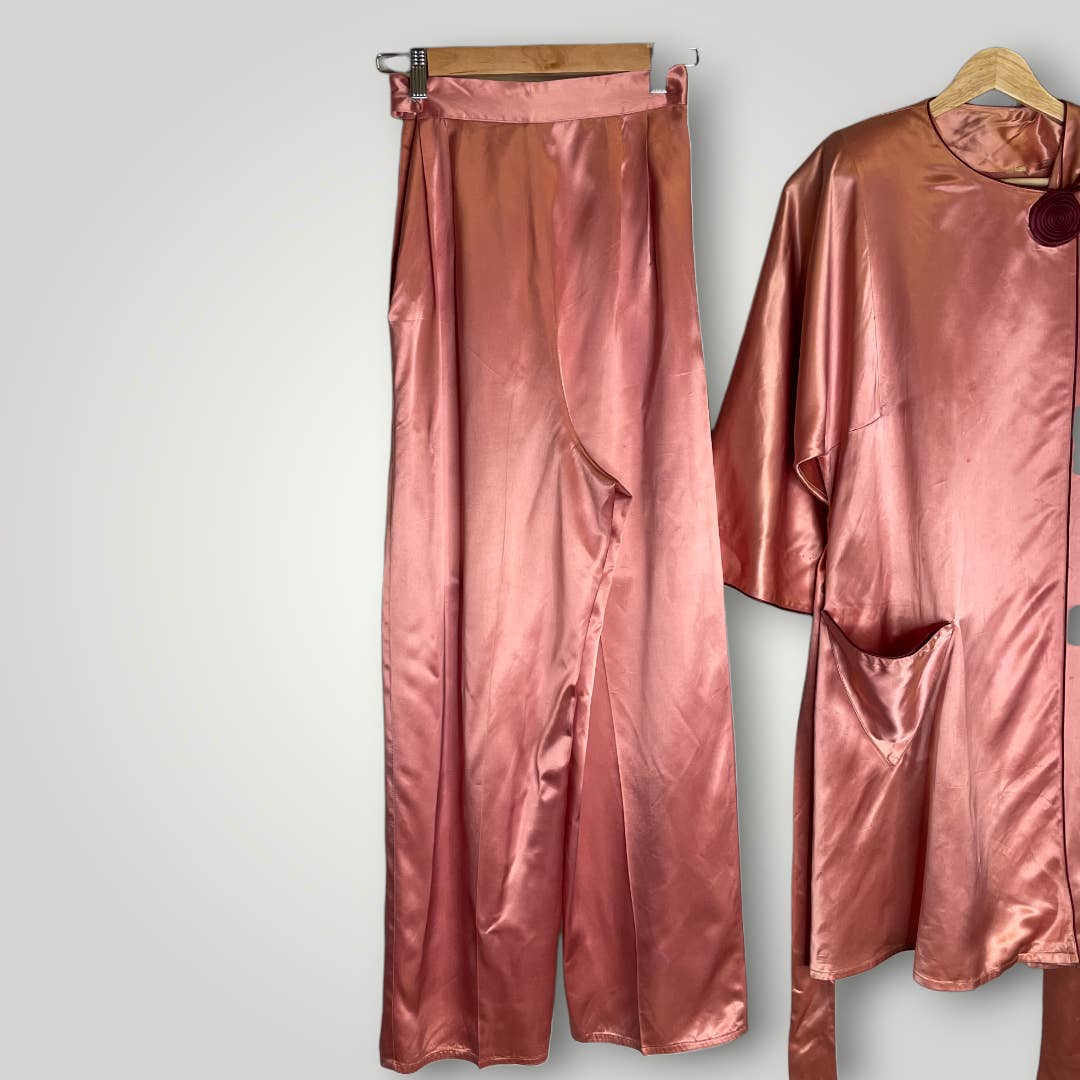 Vintage 1930s Satin Pajama Set Pink Burgundy Wide Leg Pants Asian Robe S D10