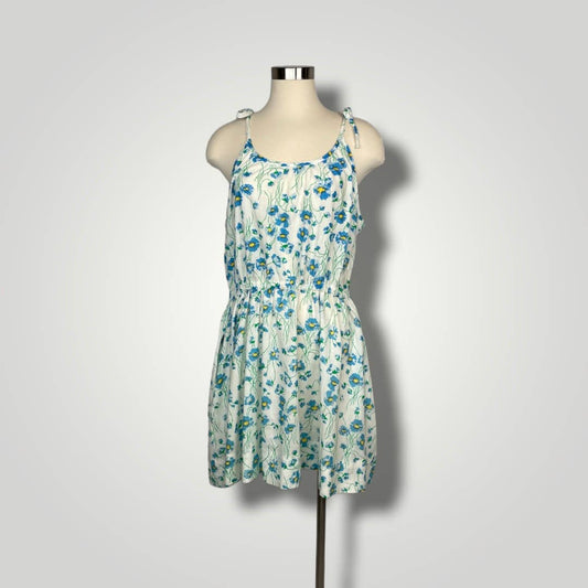 Vintage Dress 1980s Loungees Blue Green Floral Sundress Mini Tie Straps A1017 XL