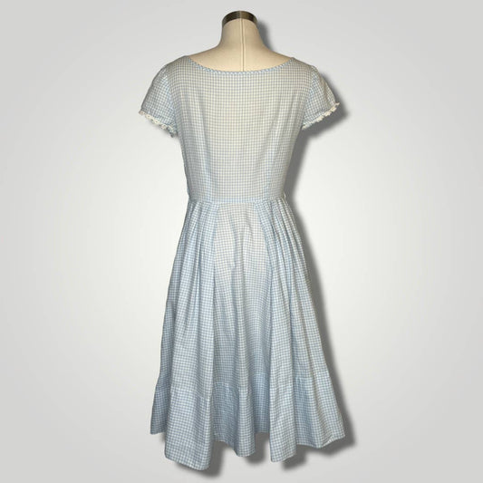 Vintage 1950s Gingham Check Dress Blue White Short Sleeve Medium Bow Lace b137