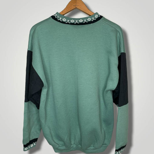 Vintage 1990s Color Block Green Black Pullover Sweatshirt Top Nordic Apres b128