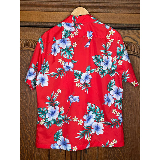 Vtg Hilo Hattie’s Hawaiian Shirt Red Hibiscus Floral L 1970s Made in USA