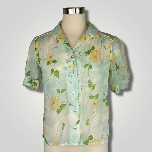 Vintage 1980s Does 1940s Floral Short Sleeve Button Up Green Yellow TJC108