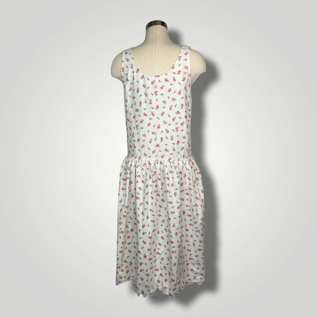 Vintage Handmade Dress Sleeveless Rosebud Pink White Lace Drop Waist A1016