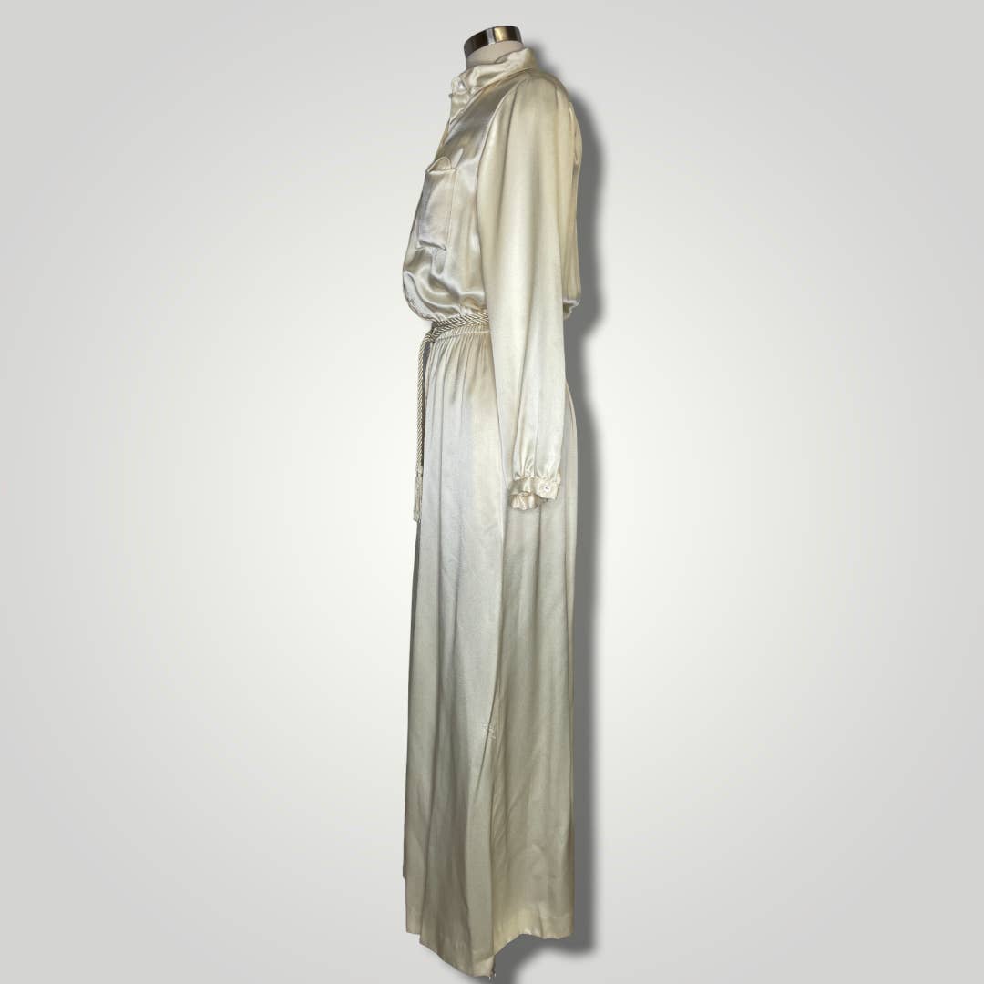 Vintage Dress Lillie Rubin Maxi Floor Length Shirt Ivory Button Long Slv  b139