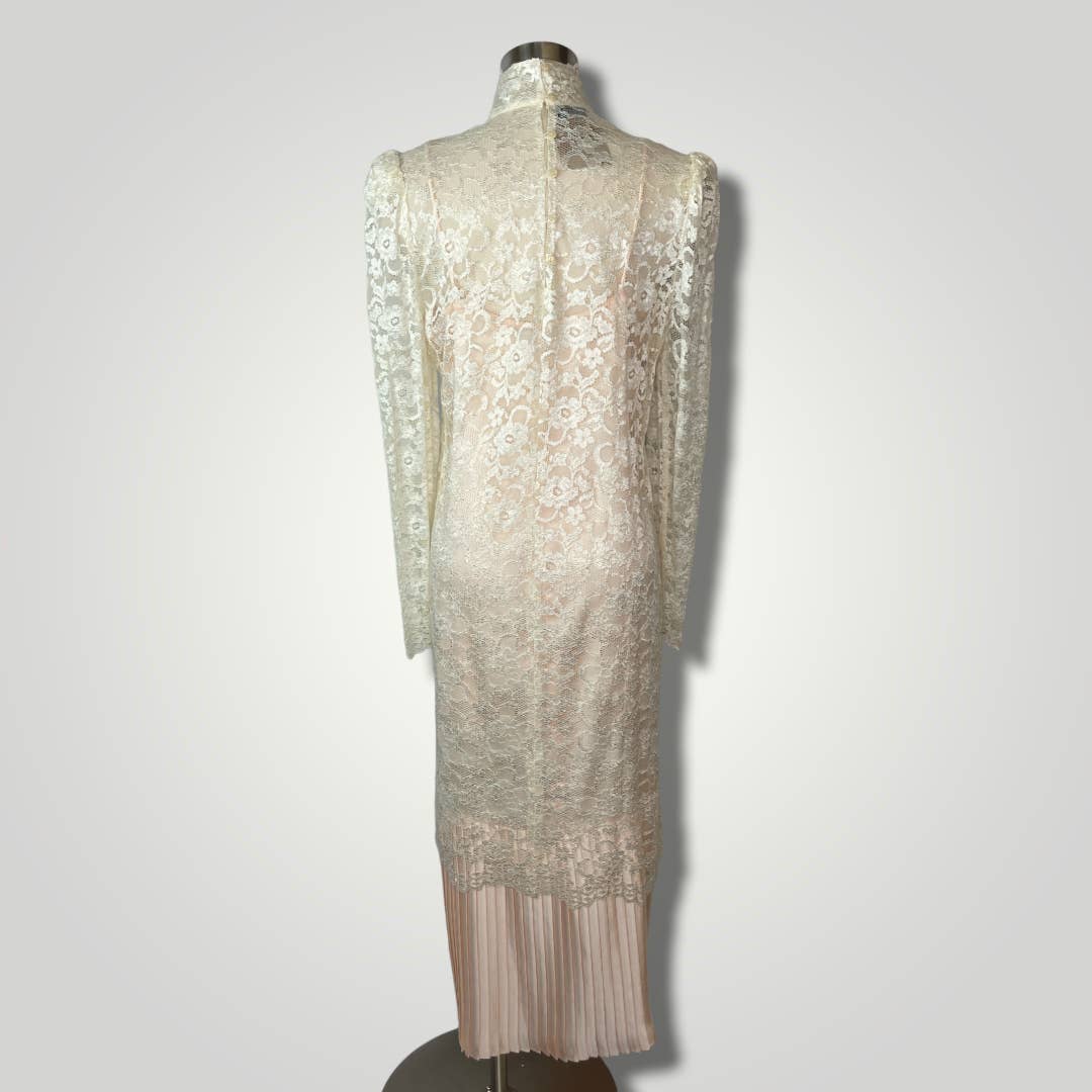 Vintage 1980s Dress Scott McClintock Cream Lace Overlay Pink Slip Pleated B1011