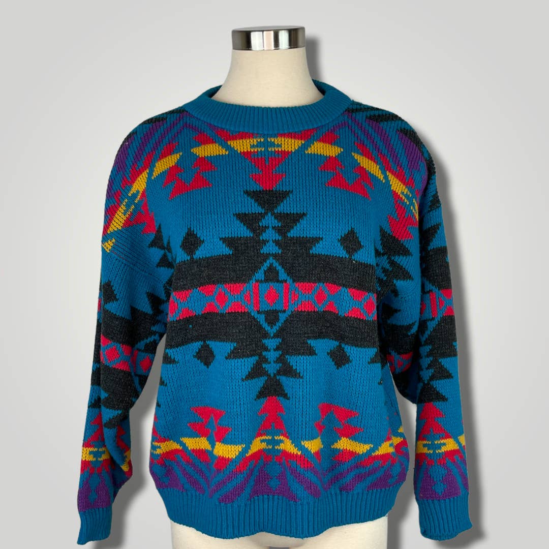Vintage 1990s Multicolor Southwestern Pattern Sweater Blue Oversized TJC110