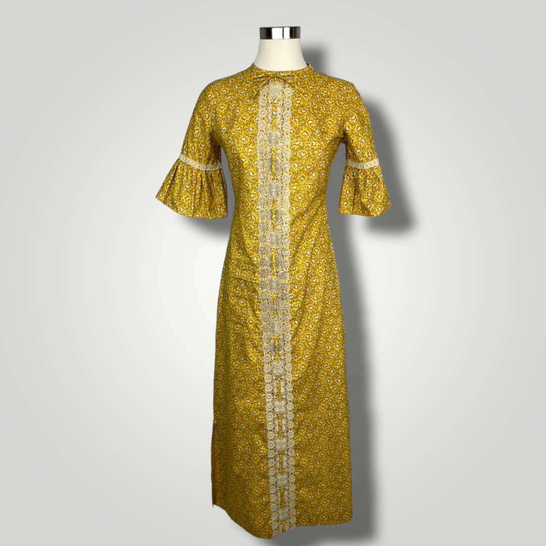 Vintage Dress 1960s Frill Sleeve Kaftan Gold Yellow Maxi Floral Cotton A1013