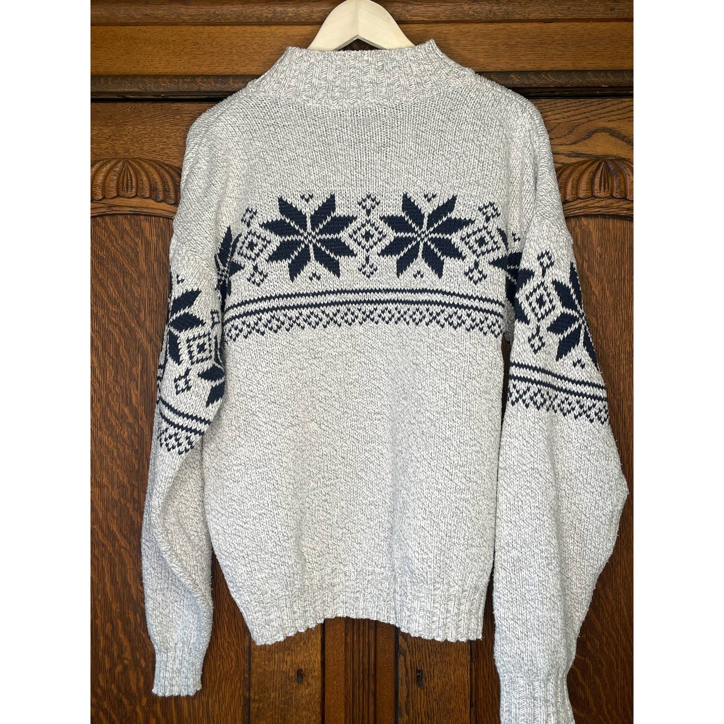 Vintage Fieldmaster Snowflake Cotton Sweater Gray Navy Medium Mock Neck