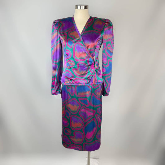 Vtg 1980s Silk Skirt Suit Double Breasted Tye Dye Pink Purple  Teal Knee Length