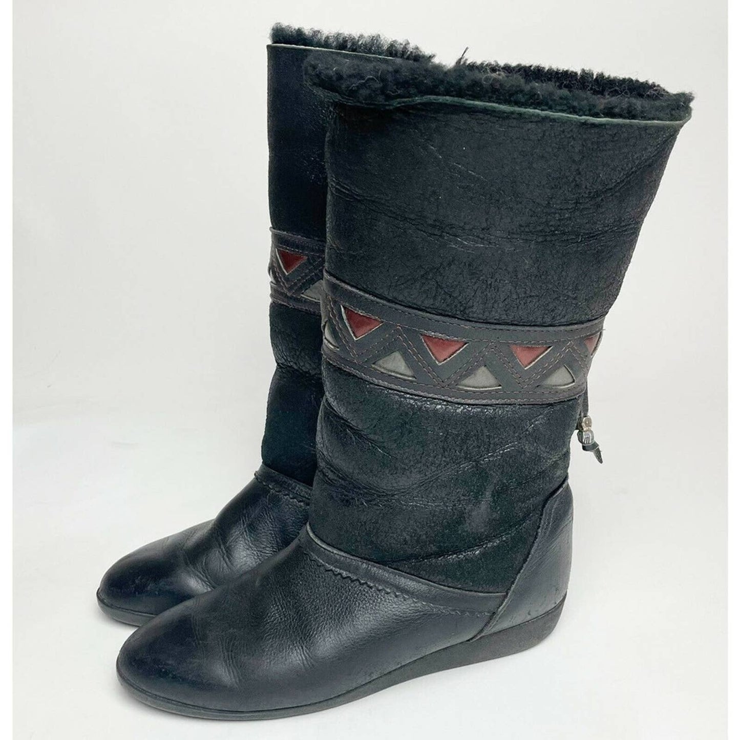 Vintage Sorel Sheepskin Boots Black 1980s Geometric Contrast Triangle 8.5
