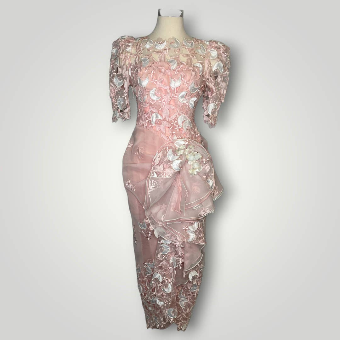 Vintage Gown 1980s 3D Floral Cutout Embroidered Pink USA Union Puffed Sleeve D1