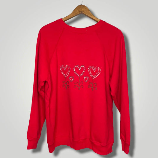 Vintage 1980s Red Sweatshirt Hearts Flowers Puff Paint Hanes Her Way Cottage B125