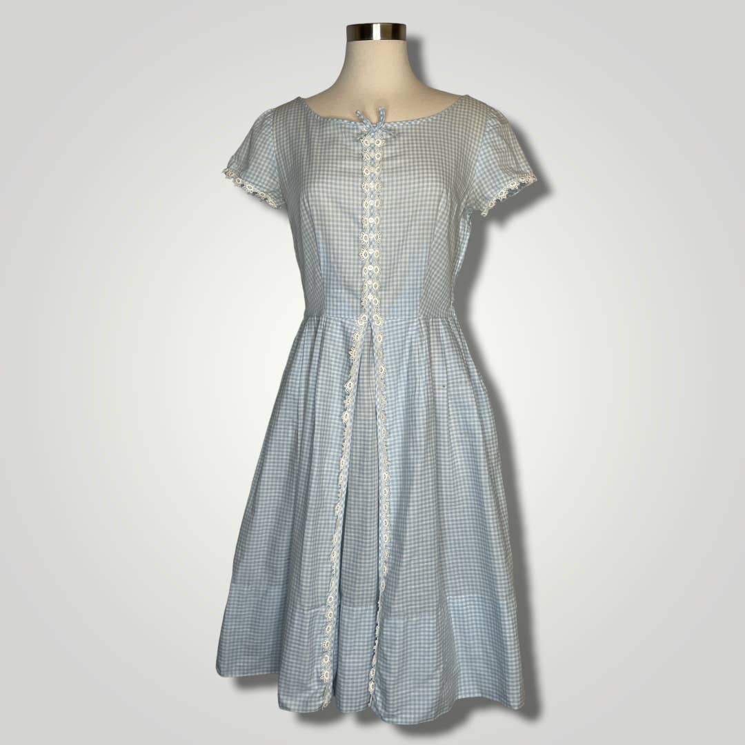 Vintage 1950s Gingham Check Dress Blue White Short Sleeve Medium Bow Lace b137 - MST GoodsVintage