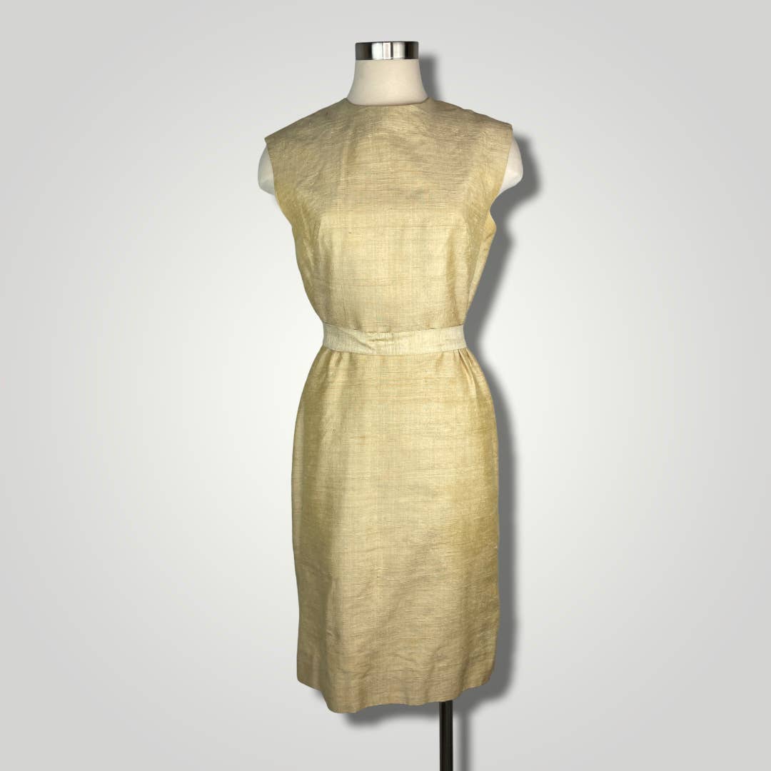 Vintage 1950s Sheath Dress Cream Yellow Tussah Silk Hand Loomed Size 4 B105 - MST GoodsVintage