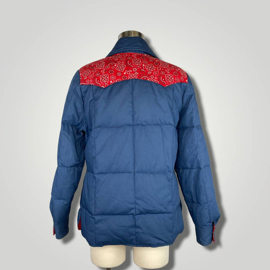 Vintage 1980s Blue Red Bandana Coat Down Puffer Dagger Collar Snap Vtg tjc110 - MST GoodsVintage