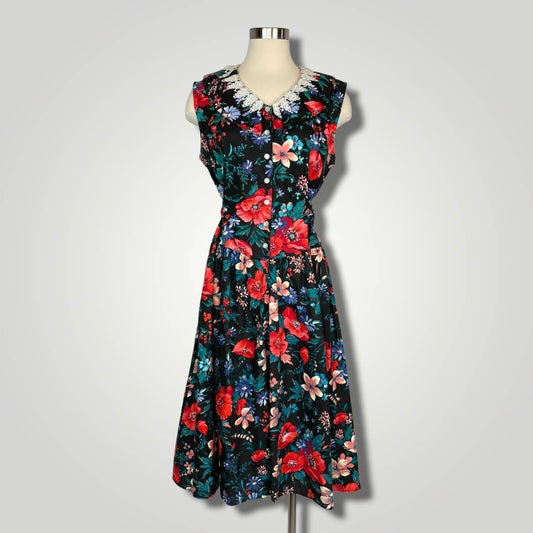 Vintage 1980s Midi Dress Dramatic Floral Lace Collar Sleeveless Red Black A1022 - MST GoodsVintage