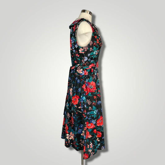 Vintage 1980s Midi Dress Dramatic Floral Lace Collar Sleeveless Red Black A1022 - MST GoodsVintage