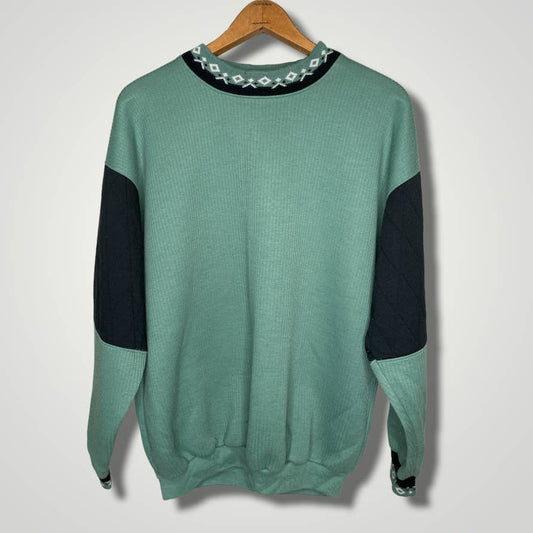 Vintage 1990s Color Block Green Black Pullover Sweatshirt Top Nordic Apres b128 - MST GoodsVintage