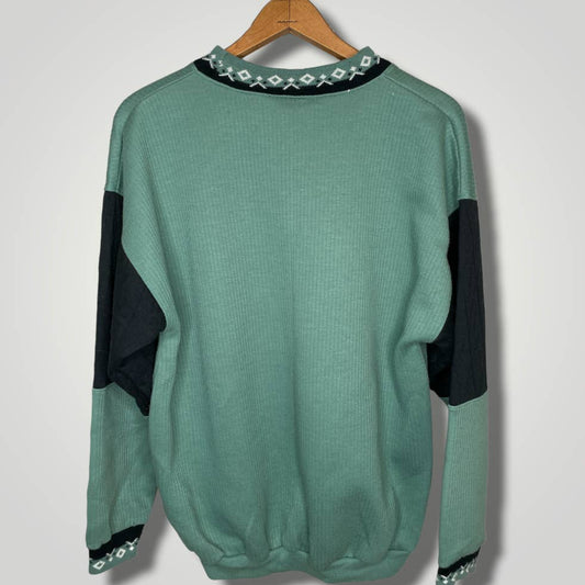 Vintage 1990s Color Block Green Black Pullover Sweatshirt Top Nordic Apres b128 - MST GoodsVintage