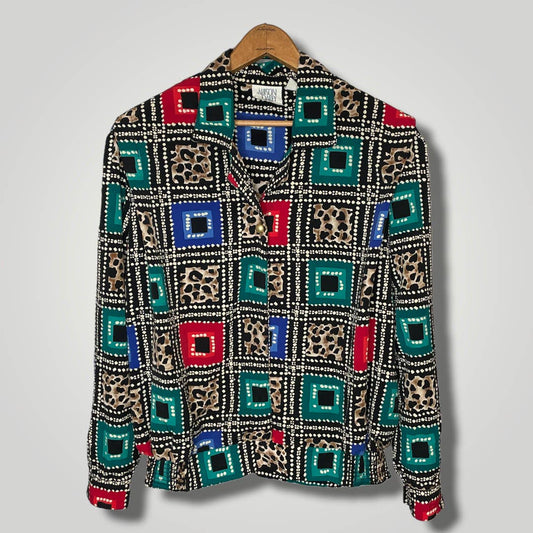 Vintage 1990s Geometric Animal Print Top Blouse Print Large Red Teal b123 - MST GoodsVintage