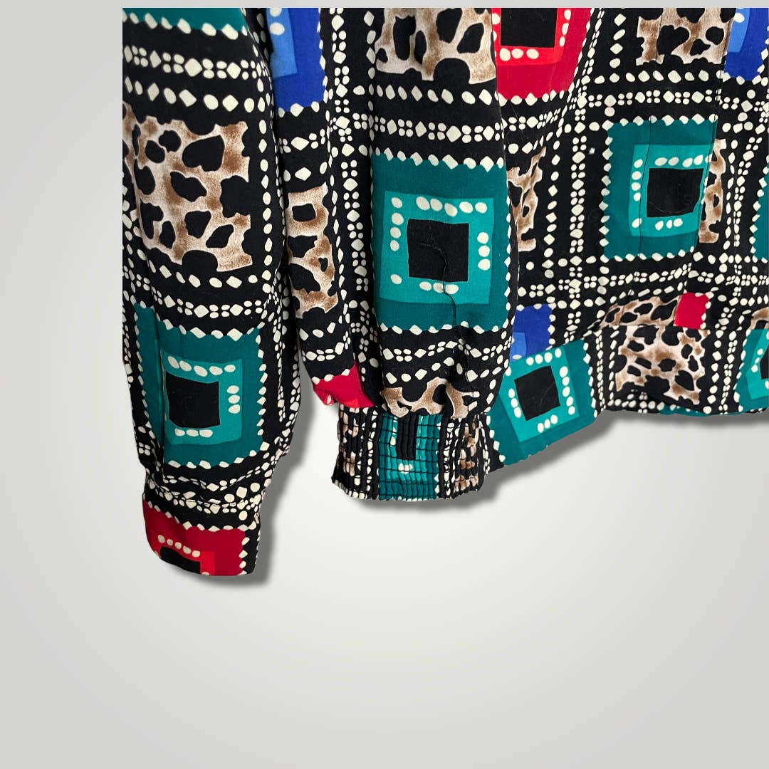 Vintage 1990s Geometric Animal Print Top Blouse Print Large Red Teal b123 - MST GoodsVintage
