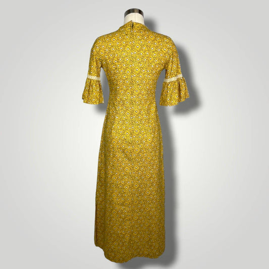 Vintage Dress 1960s Frill Sleeve Kaftan Gold Yellow Maxi Floral Cotton A1013 - MST GoodsVintage