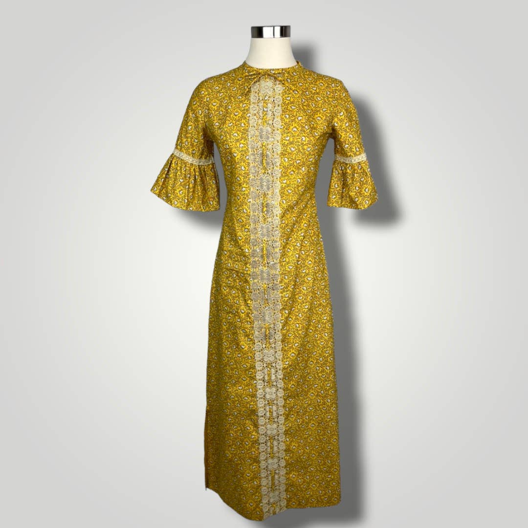 Vintage Dress 1960s Frill Sleeve Kaftan Gold Yellow Maxi Floral Cotton A1013 - MST GoodsVintage