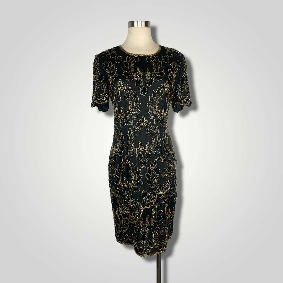 Vintage Dress 1980s St'enay Silk Beaded Dress Black Gold Short Slv Knee Med B101 - MST GoodsVintage
