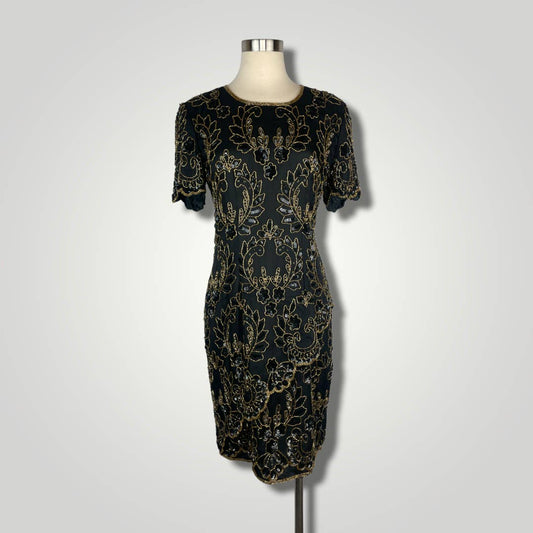 Vintage Dress 1980s St'enay Silk Beaded Dress Black Gold Short Slv Knee Med B101 - MST GoodsVintage
