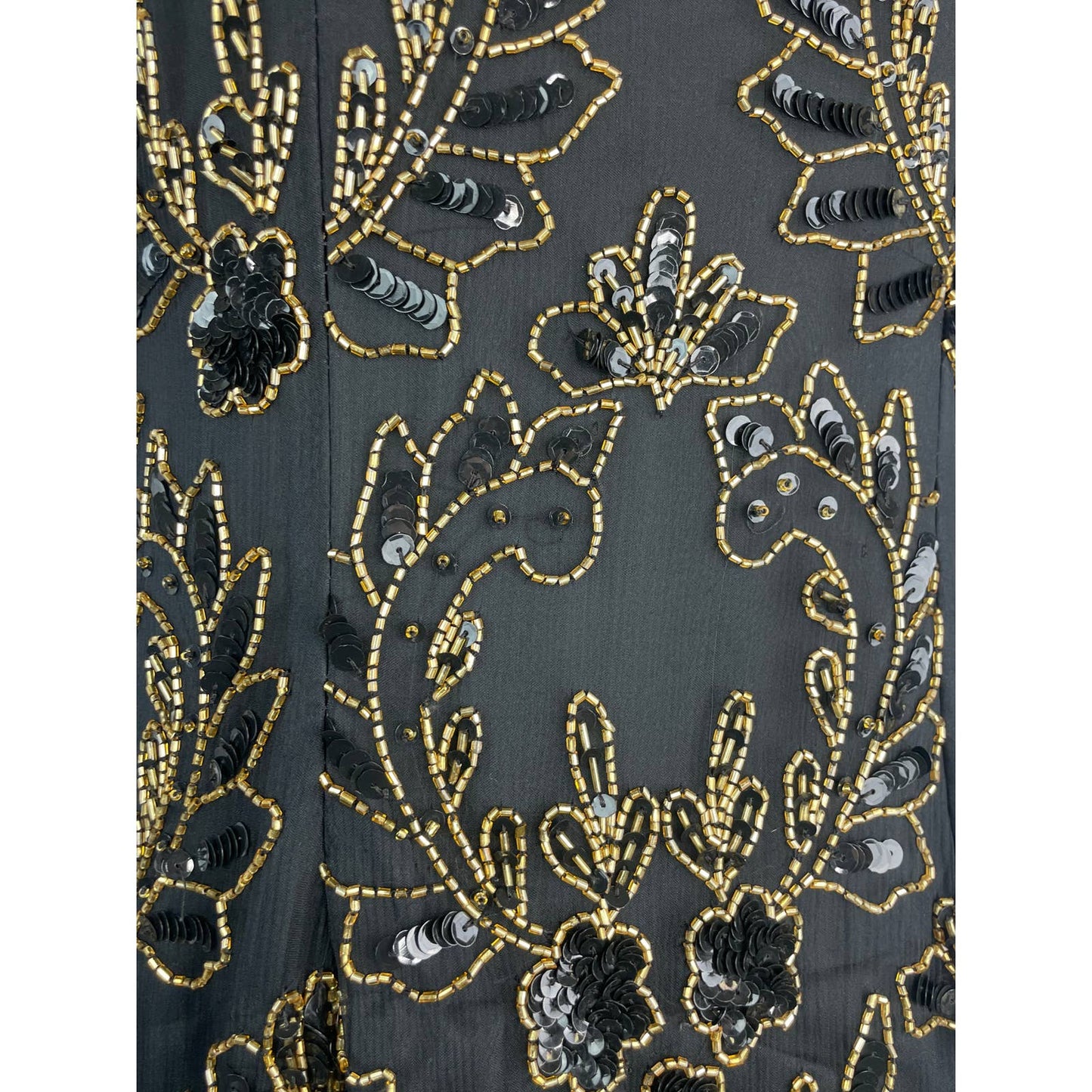 Vintage Dress 1980s St'enay Silk Beaded Dress Black Gold Short Slv Knee Med B101 - MST GoodsVintage