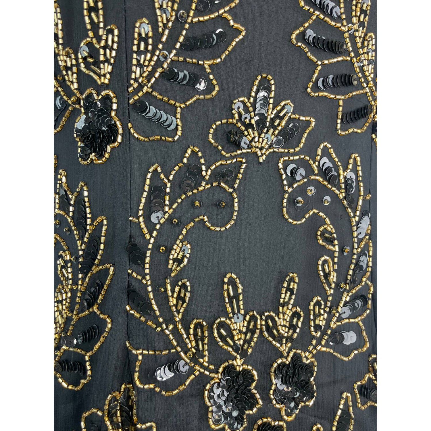 Vintage Dress 1980s St'enay Silk Beaded Dress Black Gold Short Slv Knee Med B101 - MST GoodsVintage