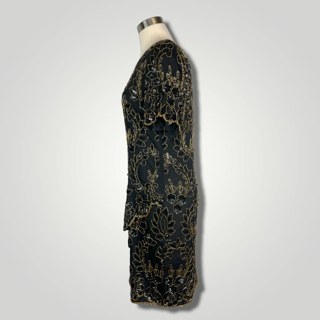 Vintage Dress 1980s St'enay Silk Beaded Dress Black Gold Short Slv Knee Med B101 - MST GoodsVintage