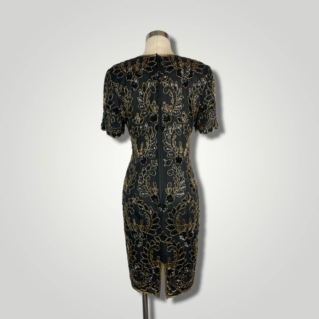 Vintage Dress 1980s St'enay Silk Beaded Dress Black Gold Short Slv Knee Med B101 - MST GoodsVintage