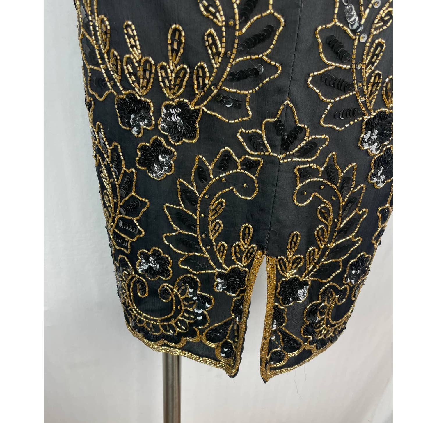 Vintage Dress 1980s St'enay Silk Beaded Dress Black Gold Short Slv Knee Med B101 - MST GoodsVintage