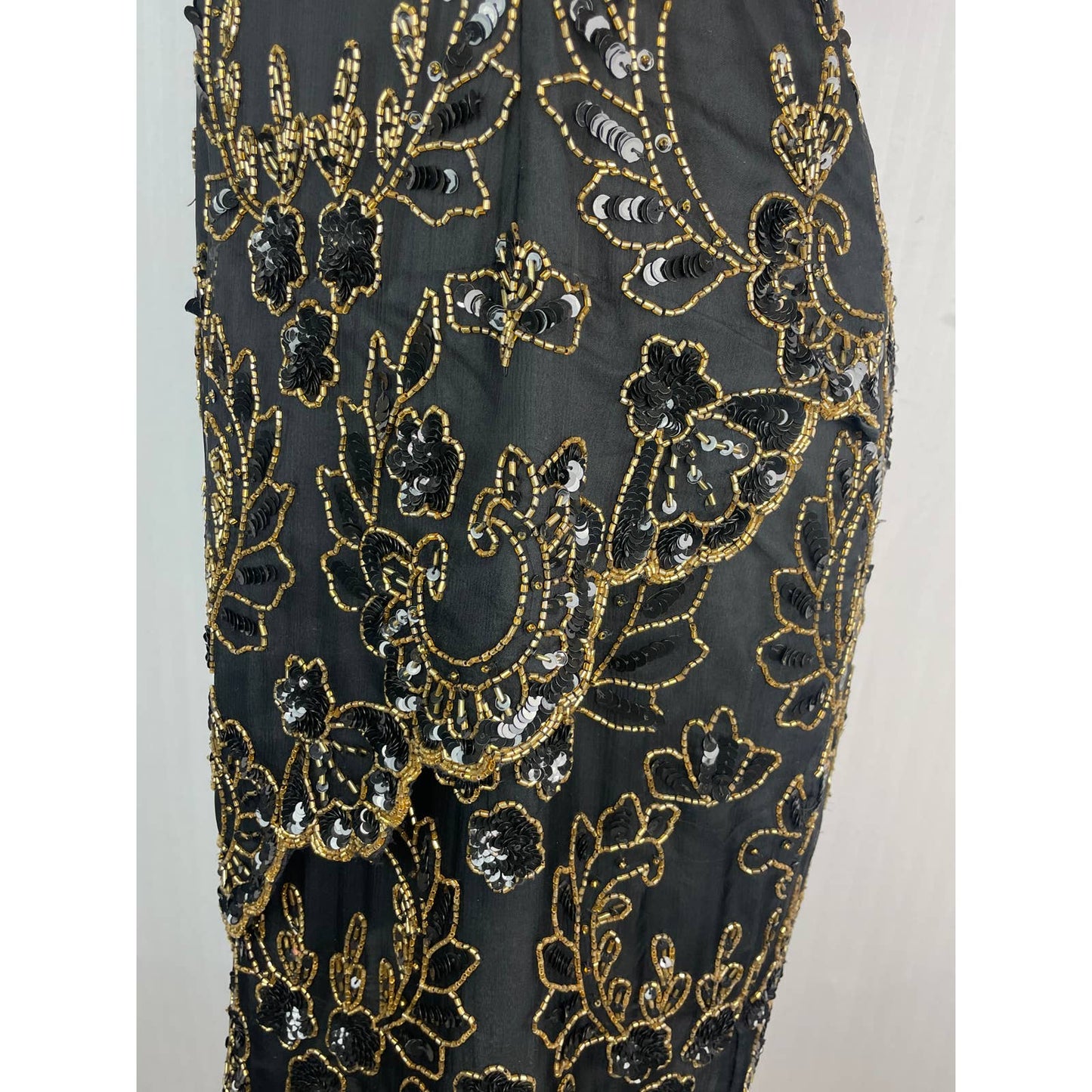 Vintage Dress 1980s St'enay Silk Beaded Dress Black Gold Short Slv Knee Med B101 - MST GoodsVintage