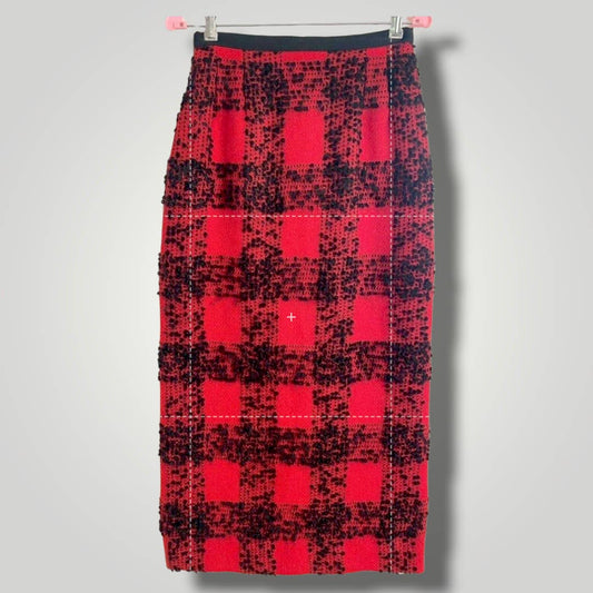 Vintage Handmade 1960s Wool Skirt Red Black Buffalo Check Textured Maxi Pencil - MST GoodsVintage