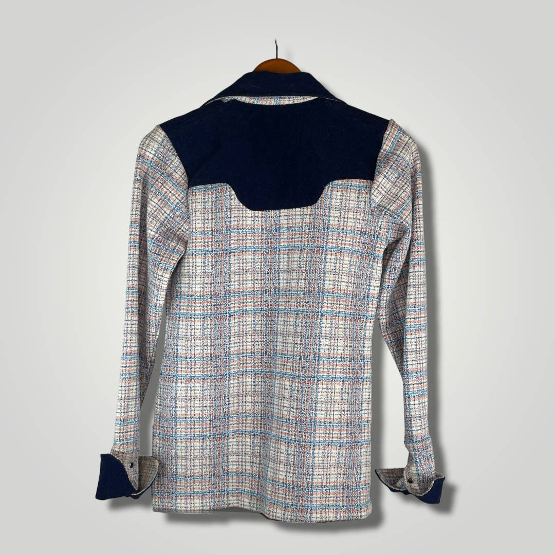 Vintage Poly Cotton Knit Western Pearl Snap Shacket Blue Velvet Suede B118 - MST GoodsVintage