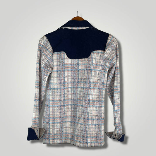 Vintage Poly Cotton Knit Western Pearl Snap Shacket Blue Velvet Suede B118 - MST GoodsVintage
