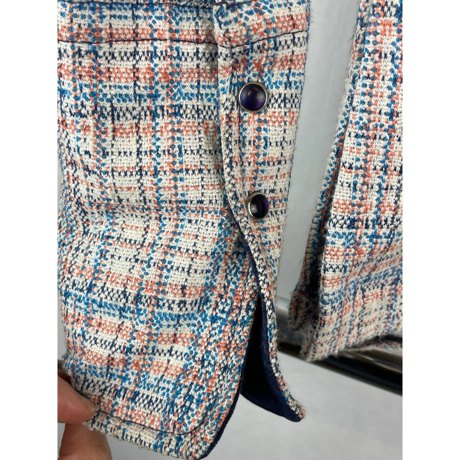 Vintage Poly Cotton Knit Western Pearl Snap Shacket Blue Velvet Suede B118 - MST GoodsVintage