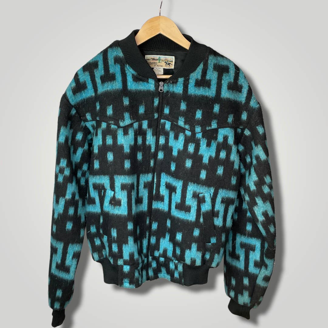 Vintage To Saddlesmith Outfitters Geometric Blue Black Wool Blend L R109 - MST GoodsVintage