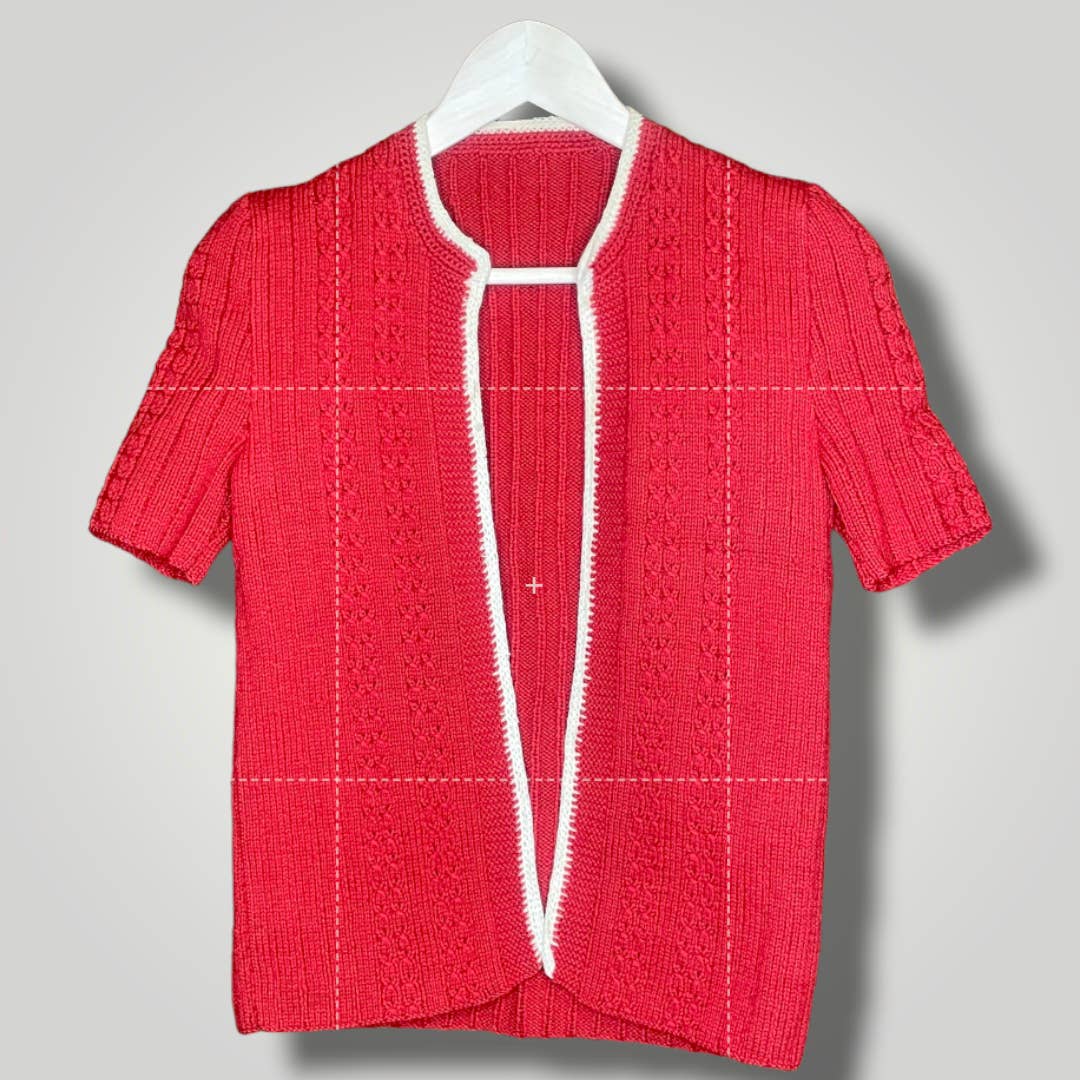 Vtg 1930s Knit Wool Handmade Cardigan Red Cream Piping Small Open Front Pinup - MST GoodsSweaterVintage