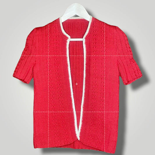 Vtg 1930s Knit Wool Handmade Cardigan Red Cream Piping Small Open Front Pinup - MST GoodsSweaterVintage